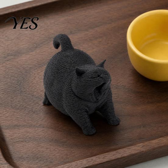 Modern Home Decoration 3D Printed Cute Yawning Chubby Cat Figurine, Black White, Wide Stable Anti-Tipping Base, Desk Decor Desktop for Pet Shop