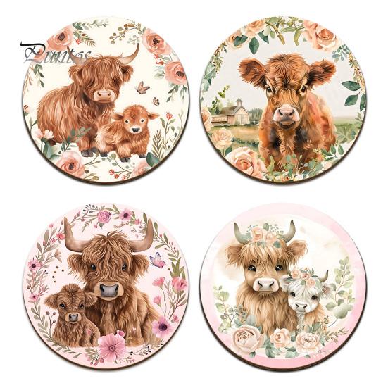 Healing Highland Calf Pattern Gifts Cow Cork Coasters, Cute Floral Farmhouse Drink Mats with Protective Furniture for Office Non-Slip Base,