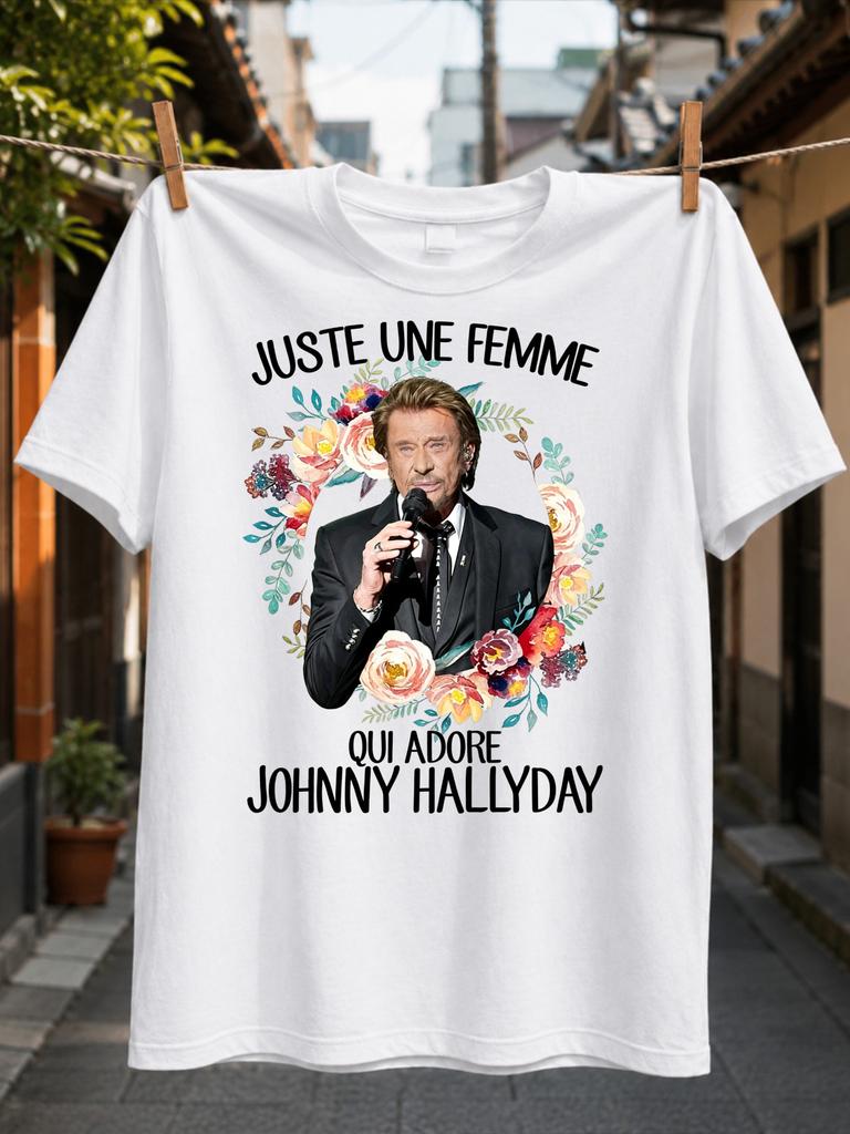 Juste Une Femme Qui Adore Johnny Hallydaymale Singer Microphone Inside Floral Wreath French Fan Unisex All TShirt