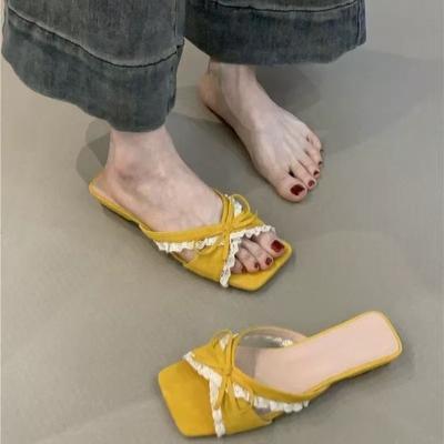 Fashion Bow Low Heel Cool Drag Women's Summer New Square Head Open Toe Outward Wear Lace Versatile Temperament Slip-on Flip-flops