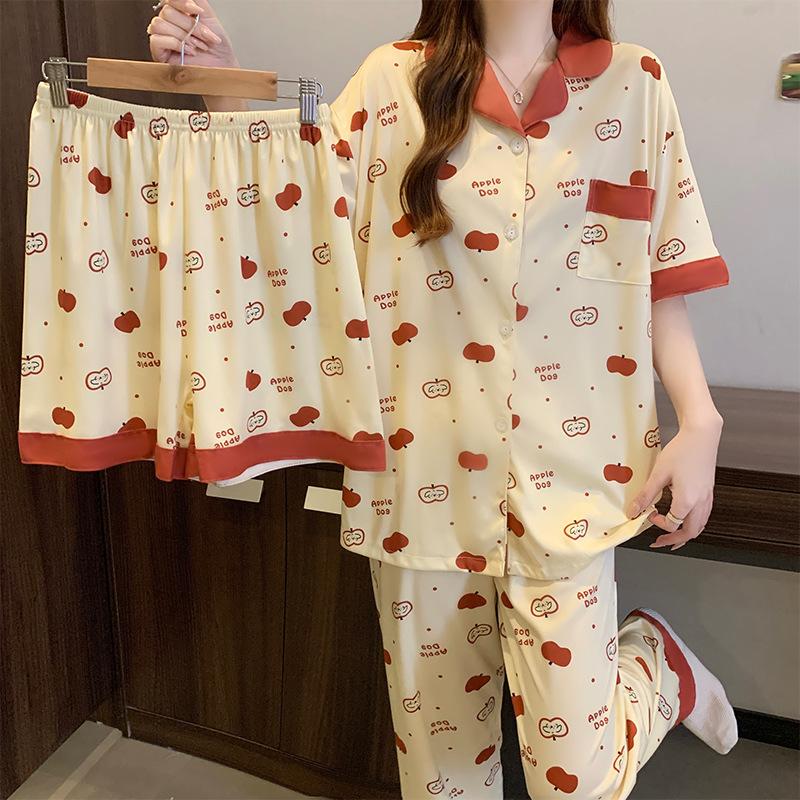 Spring And Summer Pajamas Women'S Summer Cartoon Apple Full Print Short-Sleeved Three-Piece Set Thin Sweet Girl Loungewear