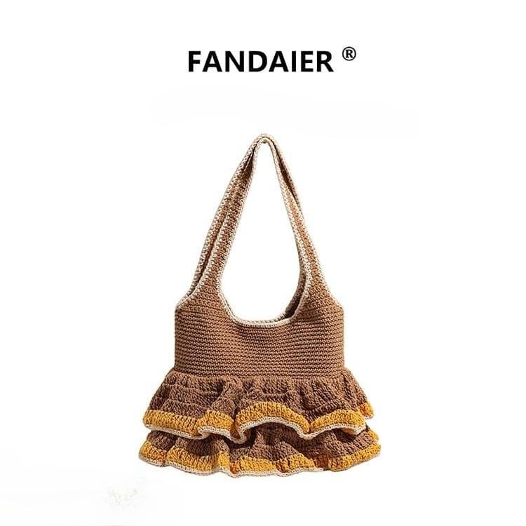 Mori double-layer ruffle edge pure cotton woven shoulder bag хаки