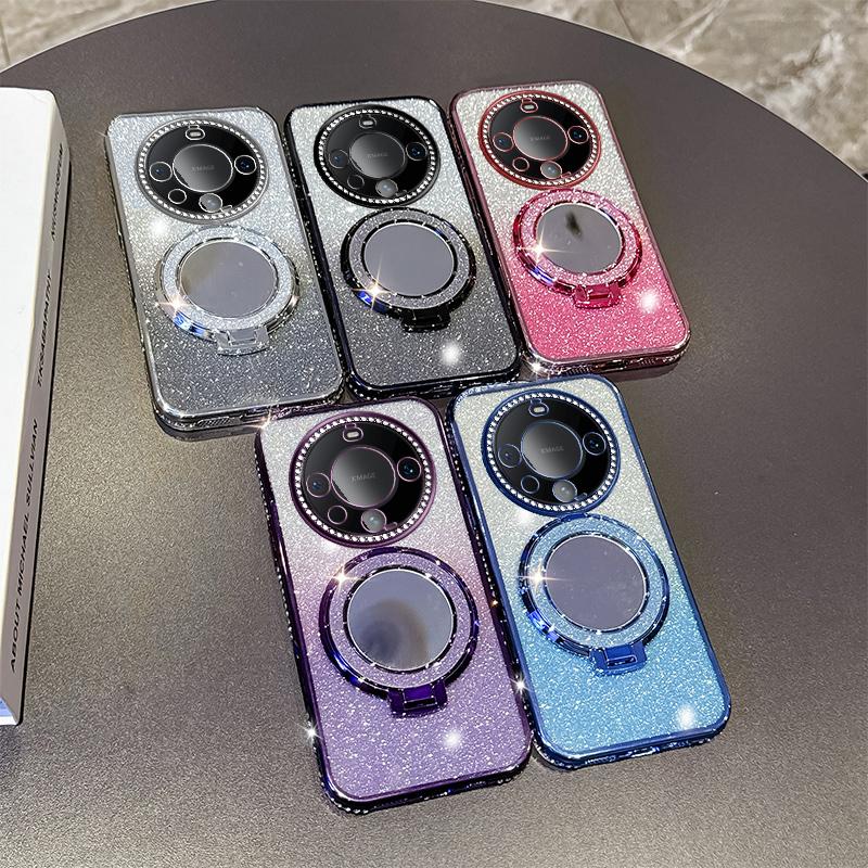 KEYSION Luxury Glitter Jewelled Magnetic Phone Case for Huawei Mate 60 Pro 50 Pro 40 Pro Makeup Mirror Stand Shockproof Cover