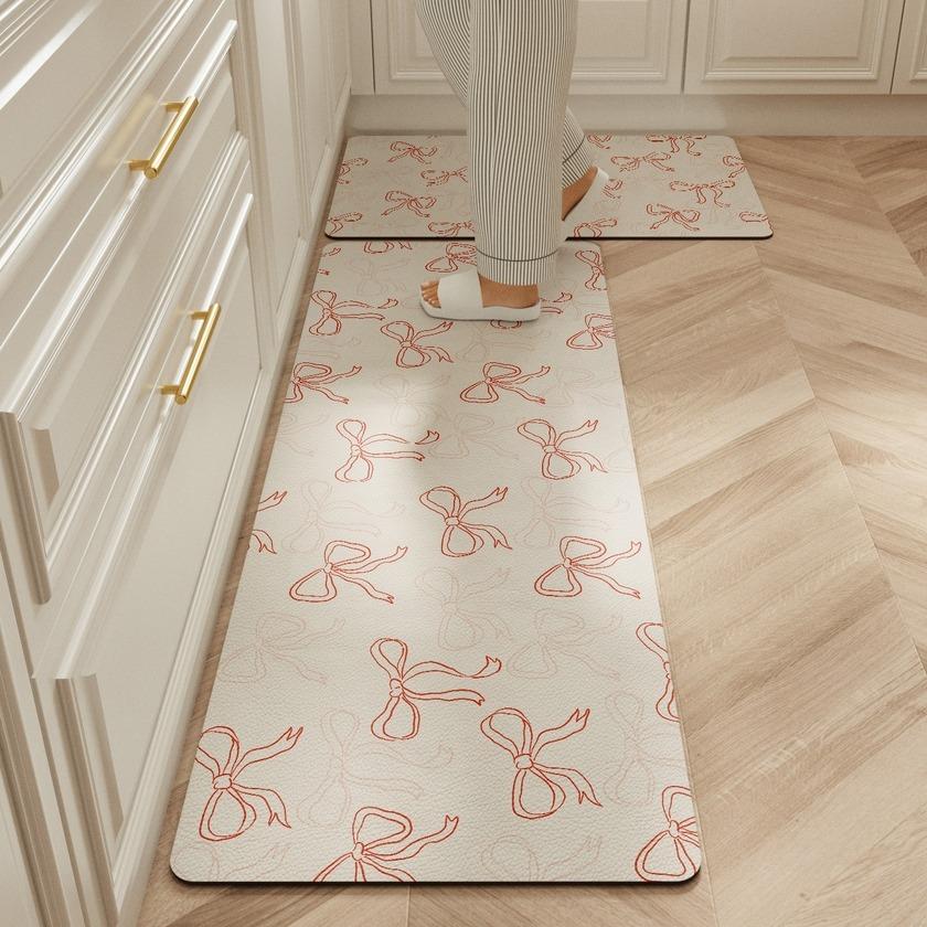 Kitchen Carpet Waterproof Long Floor Mat Pvc Leather Oil-Proof Non-Slip Foot Mats Bow Cute Girl Sweet Home Decoration Rug