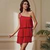 2026 European and American summer women's clothing diagonal shoulder layered splicing hem solid color dress women