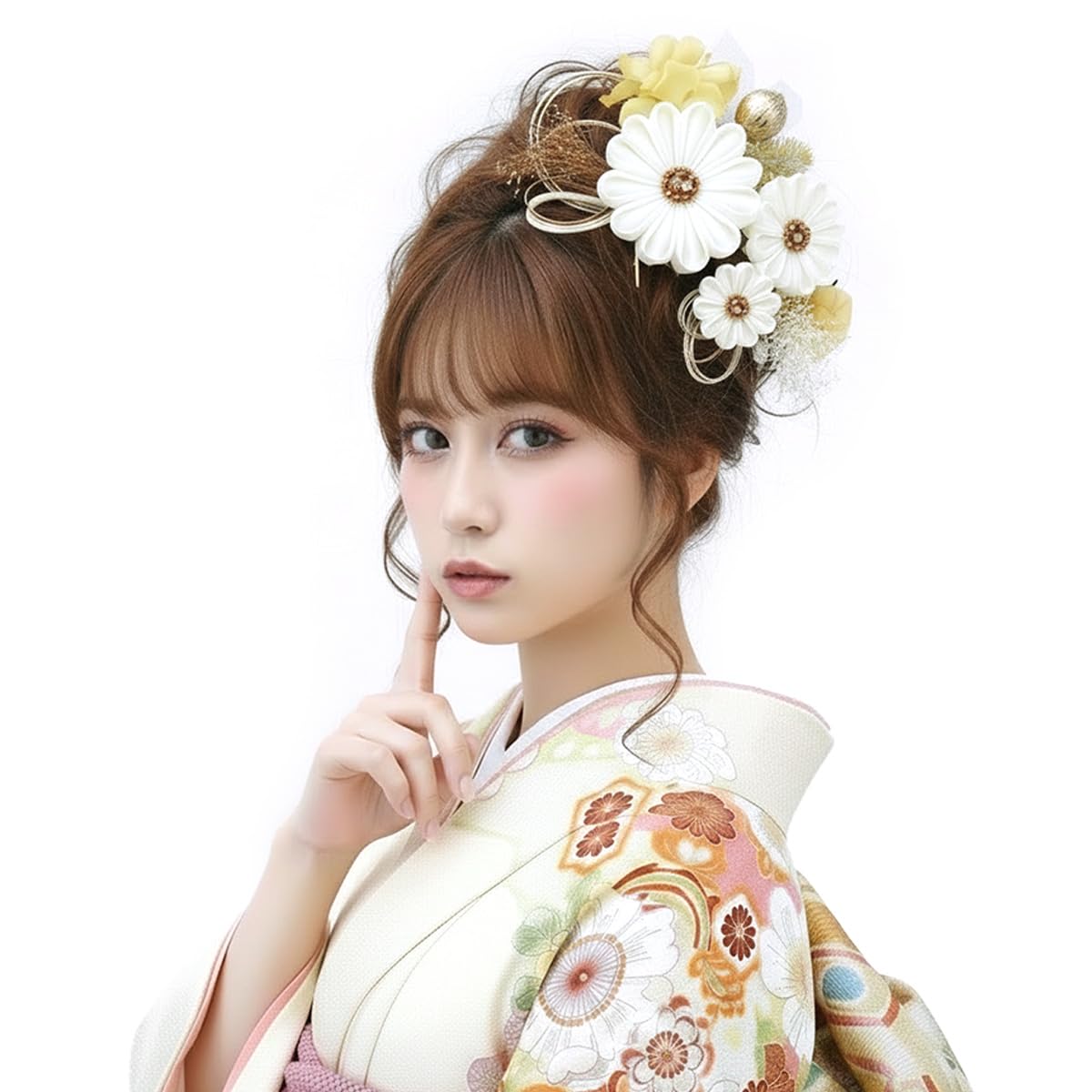 Hair Ornament Set (2 pieces) - Tsumami Zaiku (traditional Japanese fabric flower making) kk-008 - White, Purple, Blue - Flower Kanzashi Hair