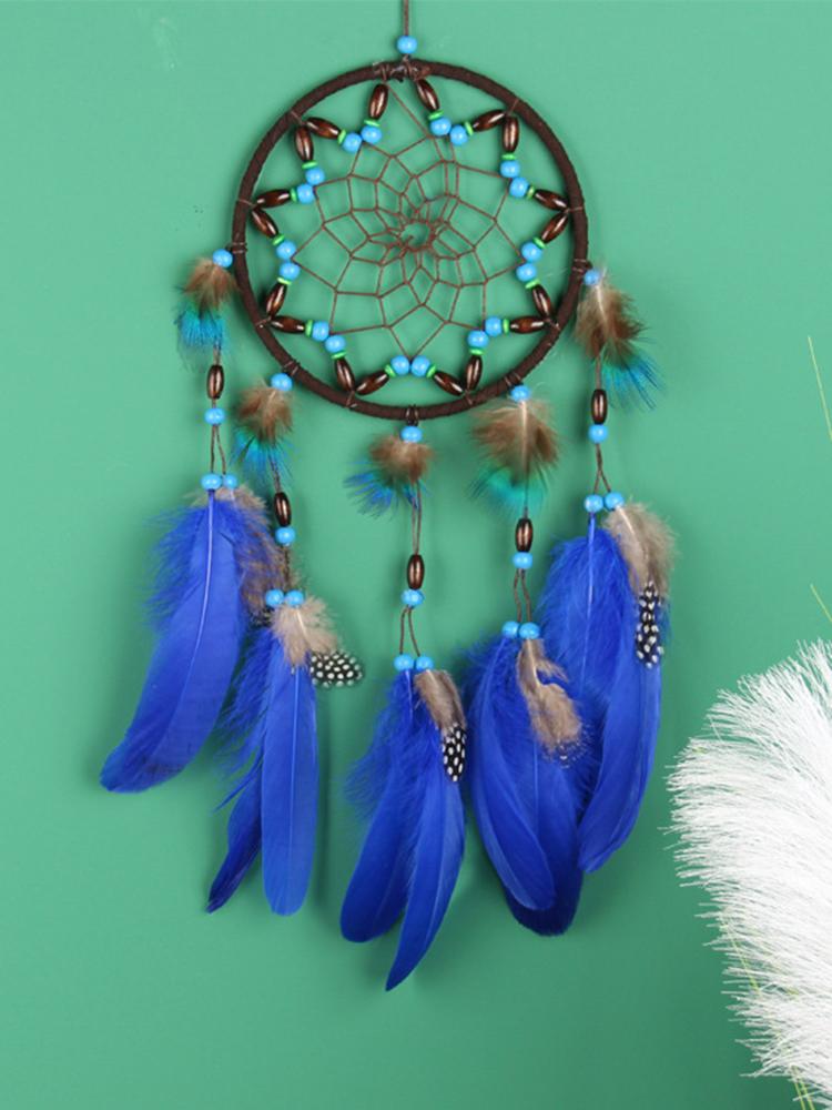 Creative Blue Feather Dream Catcher Wind Chime Hand-woven Car Pendant Holiday Birthday Gift Garden Bedroom Home Hanging Ornament