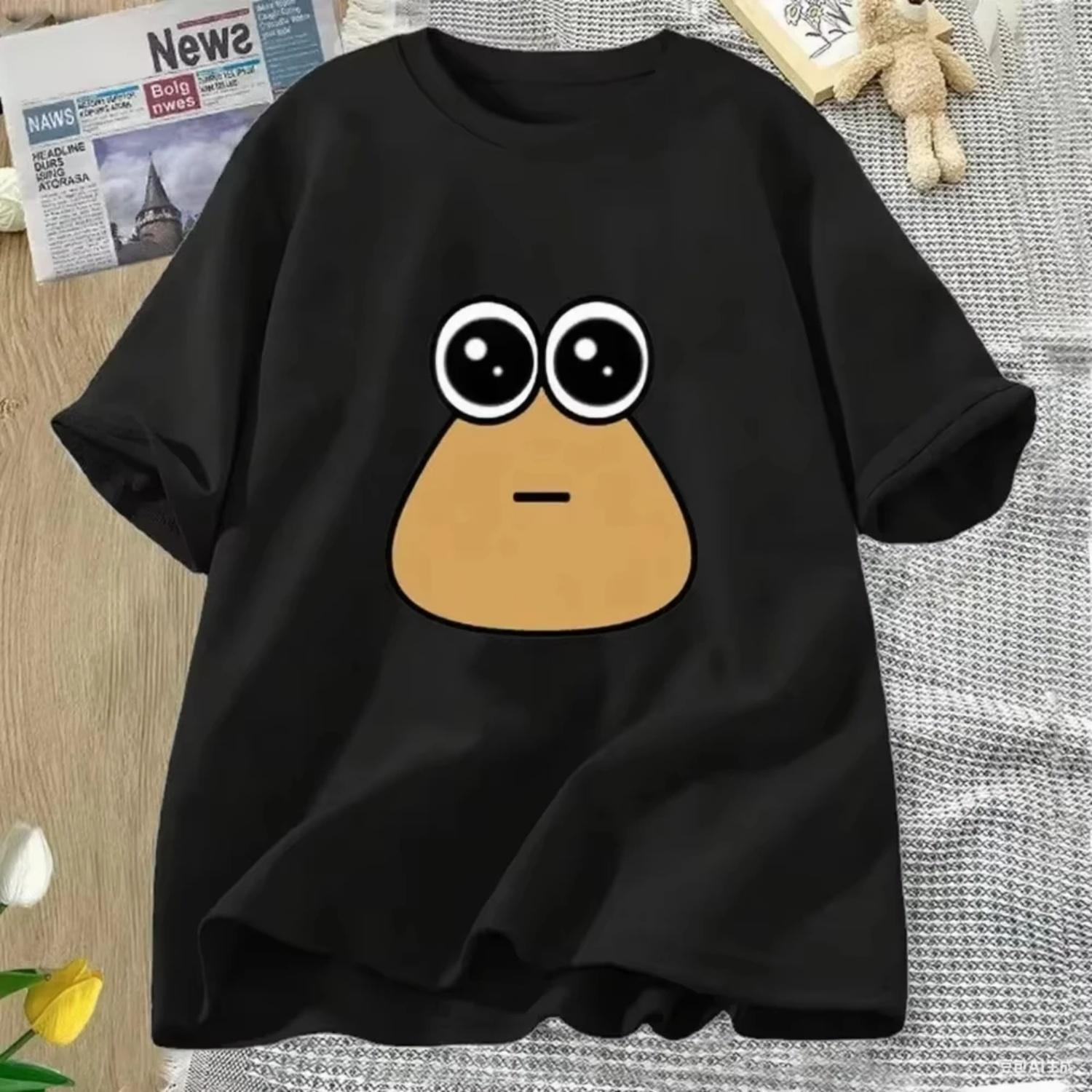 

Hungy Pou Uwu Cartoon Print Loose-Fit Men and Women s Short Sleeve T-Shirt Fun Print Street Style Top Breathable and Soft Cotton S чёрный