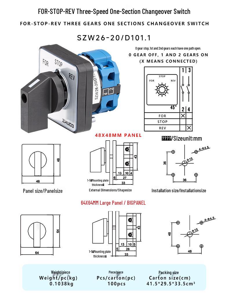 

Zhuochao SZW26-20/D101.1 FSR 3-Speed Universal Rotary Switch 48x48 Panel
