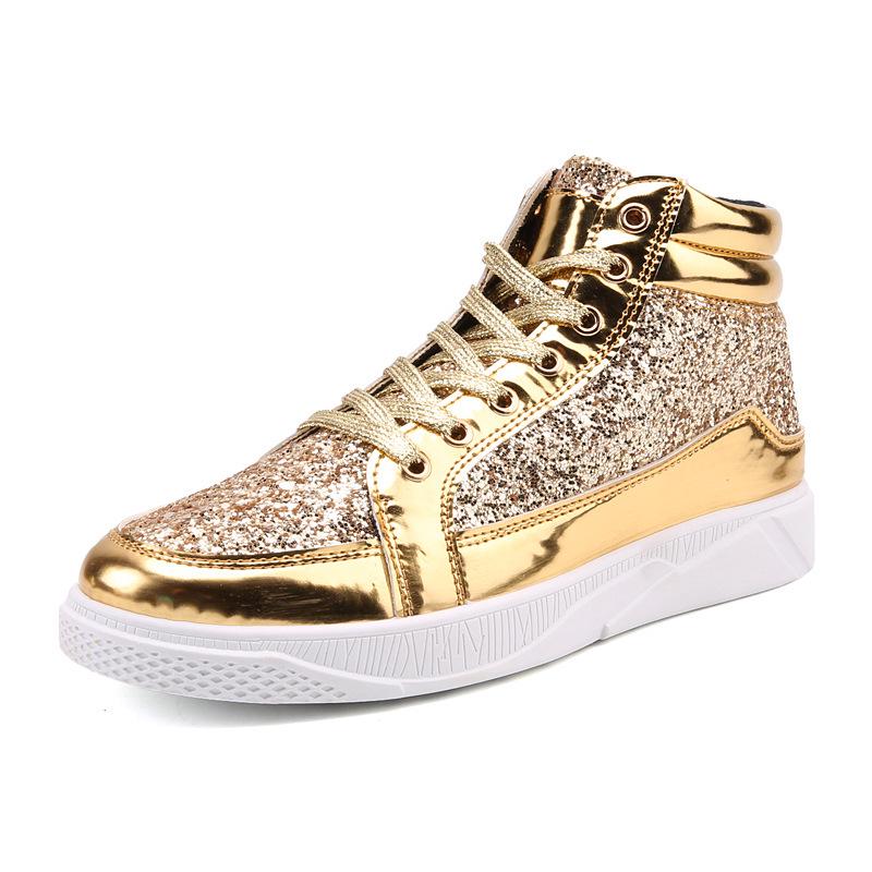 Fashion Men's Metallic Gold High Top Leather Boots Retro Shiny Party Nightclub Ankle Boots Vintage Style Comfortable Lace-Up Sneakers