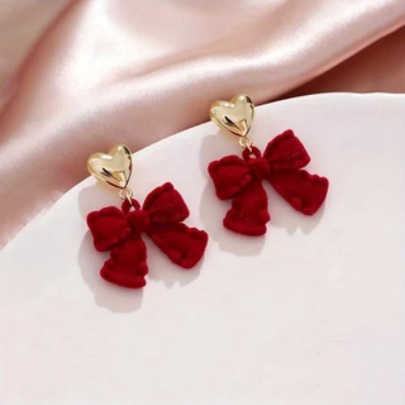 New Fashionable Heart-shaped Red Color Plush Bow Pendant Earrings, Suitable for Women's Daily Wear, Holiday Zircon Gifts