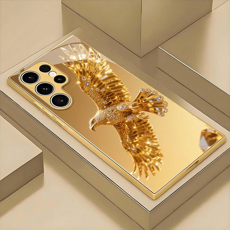 Diamond Golden Eagle Pattern Gold Glass Phone Case Suitable for Samsung Galaxy S26 S25 S24 S22 S21 S20 FE/Ultra/Plus Anti Drop