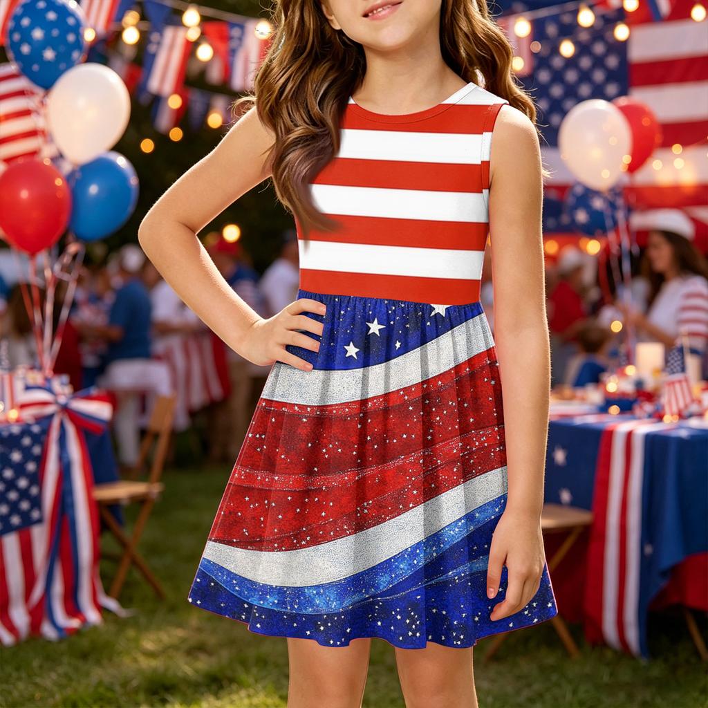 Girls' Summer Princess Dress - A-Line Vest Splice Dress Independence Day
