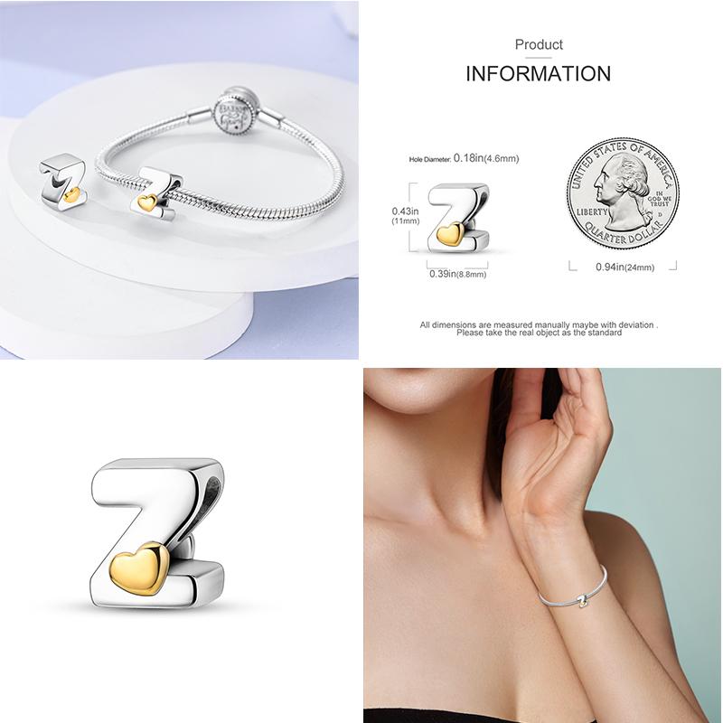 Neuer 26 A-Z Alphabet-Bead S925 Sterlingsilber Herz LOVE Buchstaben-Charm Passend für Original Armband Armreif CZ Zirkonia Bead Schmuck