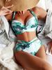 Women's Sexy Split Body Swimsuit Solid Color Printed Bow High Waisted Two-piece Swimsuit