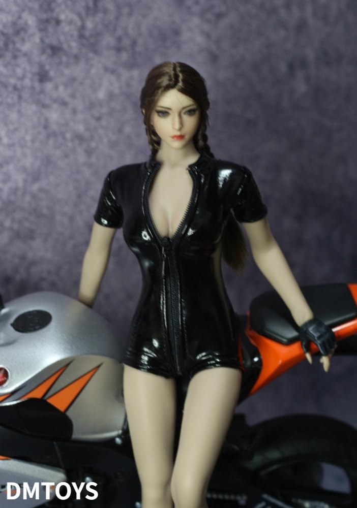 Scale Action Figure Compatible with TBLeague Body DMTOYS Beautiful Woman Sexy Black Short Sleeve Top with Open Chest and High Cut Bodycon Jumpsuit