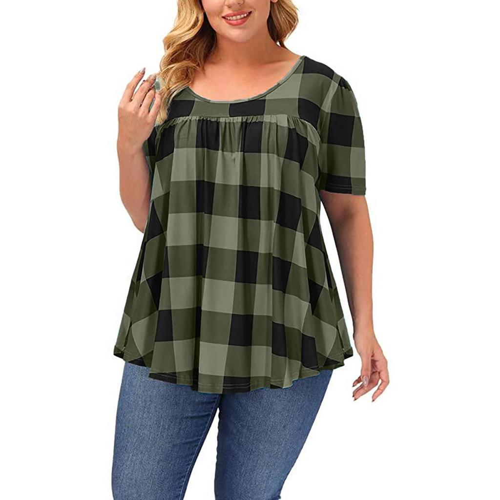 Summer Women's Short Sleeve Blouse Round Neck Loose Plaid Printed Shirt Top
