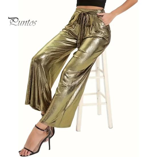 

Женские длинные брюки, эластичные, с высокой талией, на шнуровке, прямые, широкие повседневные брюки с карманами, брюки с глянцевой поверхностью