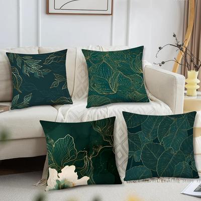 Green Leaves With Gold Edges Pillow Case Fashion Square Pillowcase Bedroom Sofa Room Ins Decoration Leisure Cushion Cover 40x40