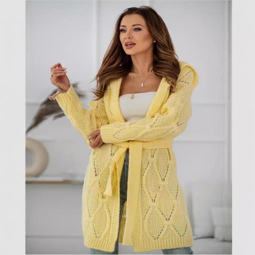 Women's Plus Size Knitted Hoodie Cardigan with Belt - Long Sleeve, 8 Color Options, 2024 Collection