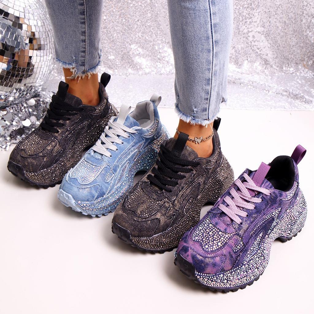 2025 autumn new fashion muffin platform casual rhinestone denim fabric dad shoes women's height-increasing sports shoes trendy shoes