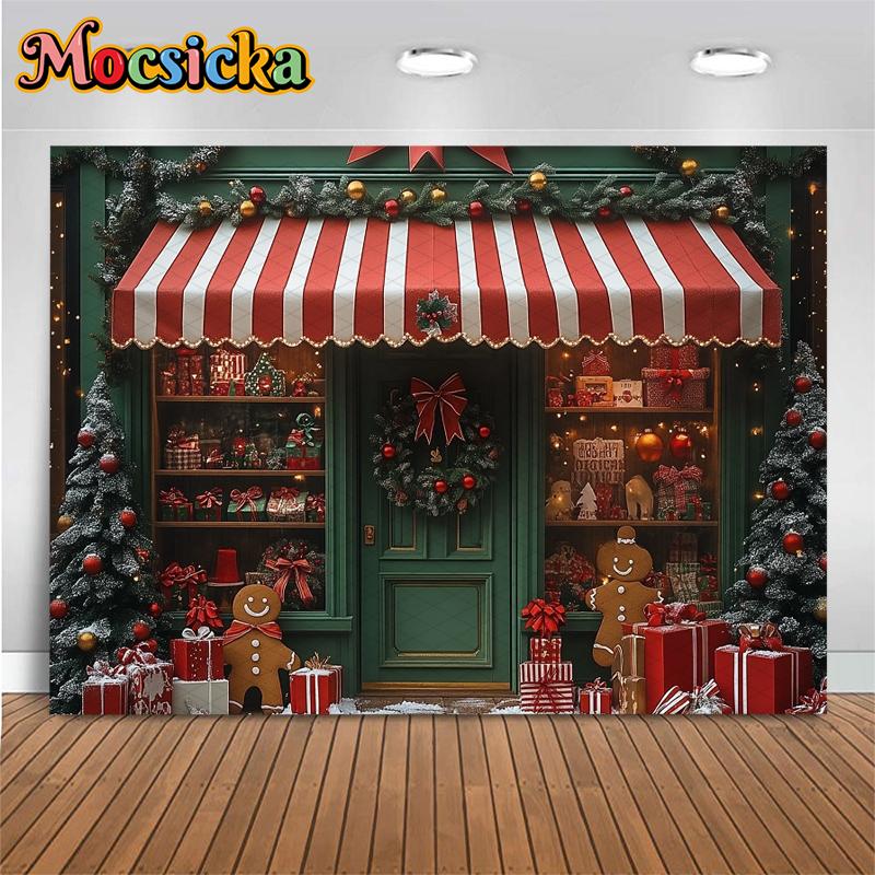 Mocsicka Christmas Shop Photo Background Winter Snow Gift House Store Decorations New Year Party Backdrops Photography Wallpaper