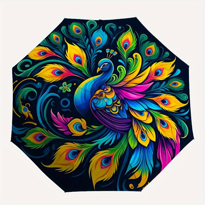 1pc Peacock Feather Print Automatic Open/close Folding Umbrella, Compact Portable Travel Umbrella, Perfect Birthday/Christmas, Cute Umbrella