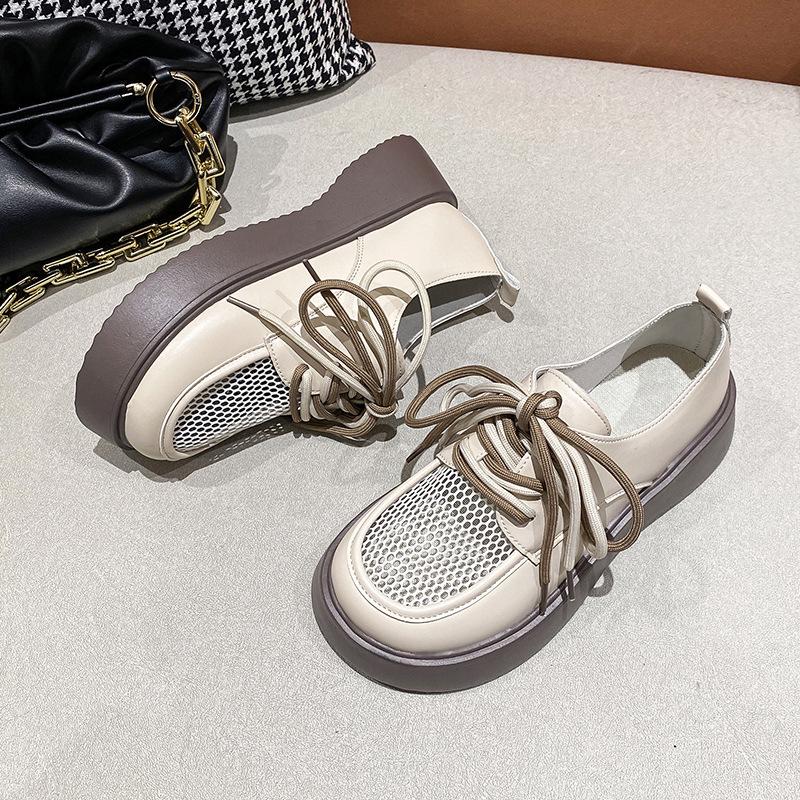 

Новые женские сетчатые туфли Lefu, женские модные туфли на одинарной платформе с мелким открытым носком и круглой головкой на шнуровке на толстой подошве 40 слоновая кость