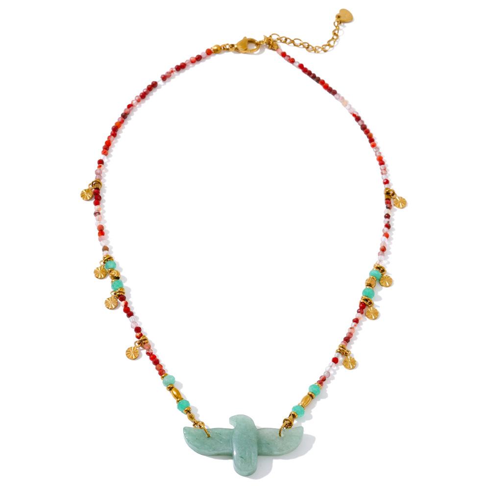 Yhpup Natural Aventurine Agate Stone Beads Chain Eagle Handmade Necklace Pendant High Quality Fashion Collar Jewelry