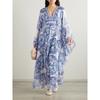 Blue White Porcelain Print Loose V-Neck Maxi Dress Women High-Waist Long Sleeve Boho Flowy
