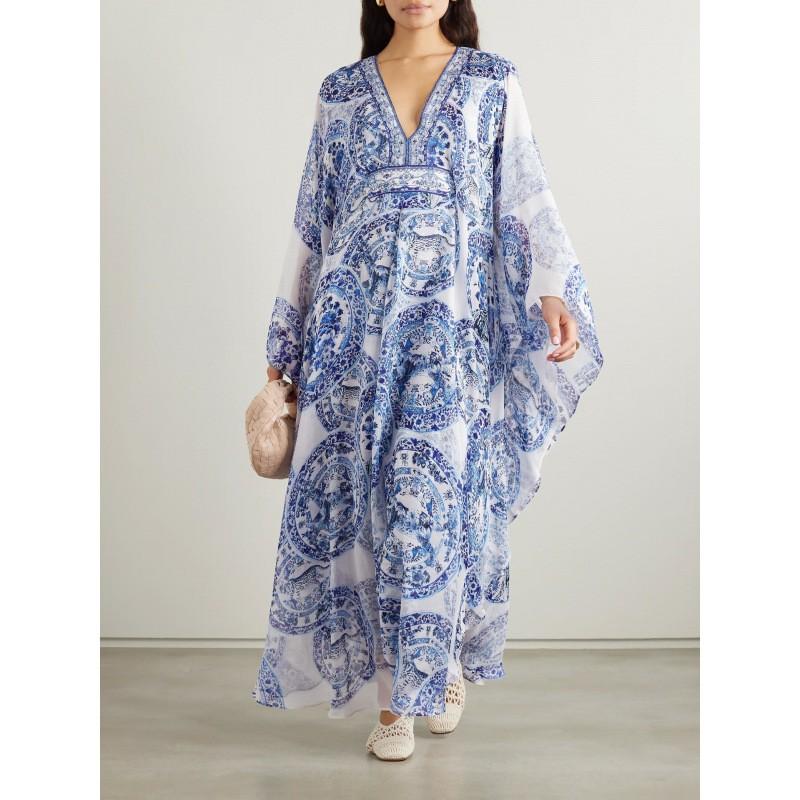 Blue White Porcelain Print Loose V-Neck Maxi Dress Women High-Waist Long Sleeve Boho Flowy