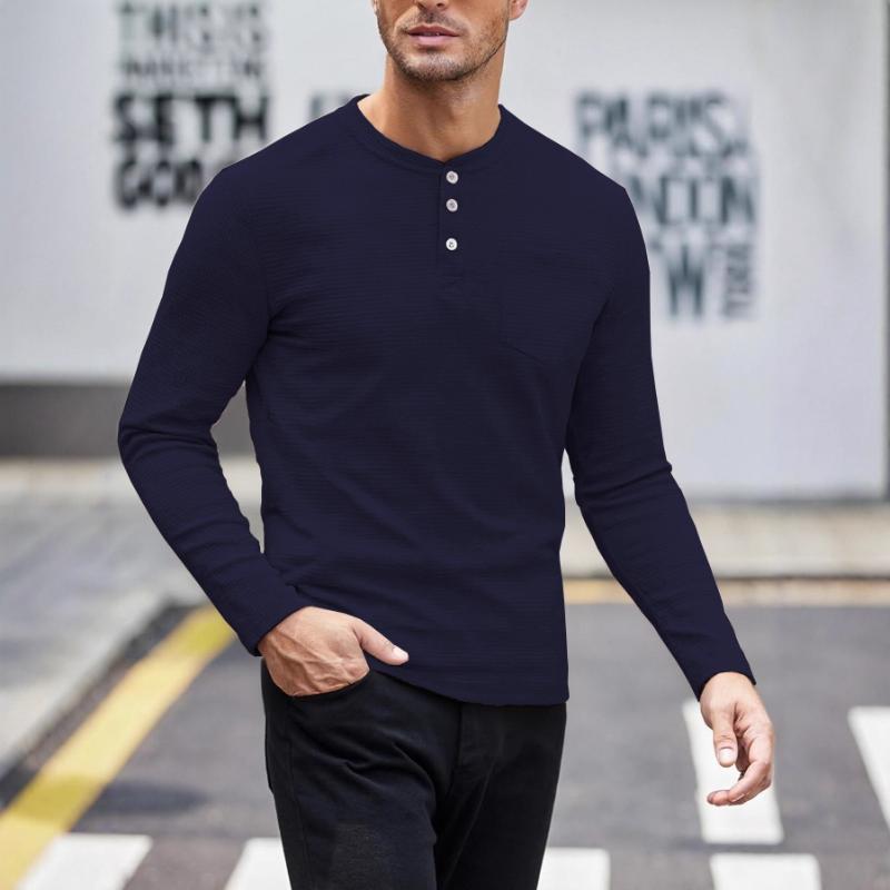 Men Black Waffle Knit Henley Long Sleeve Shirt With Chest Pocket