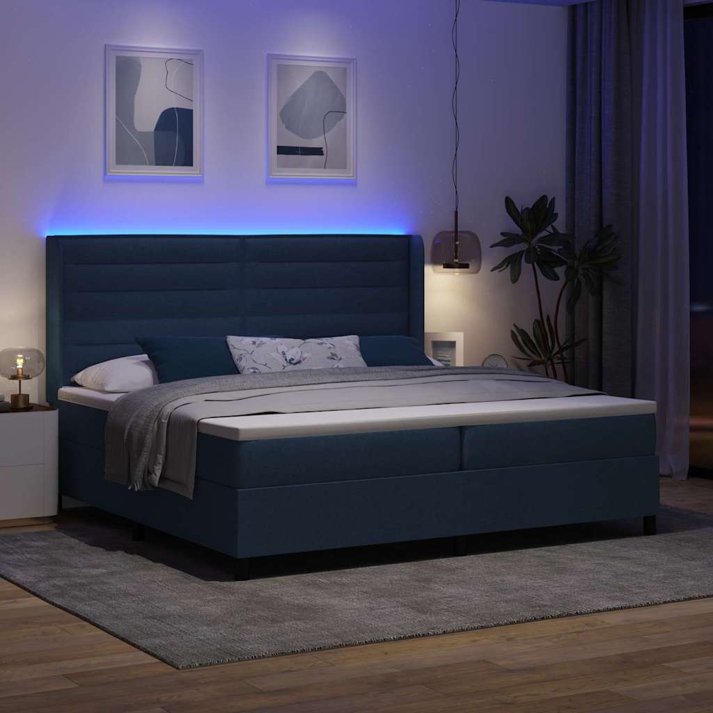 LED Box Spring Bed with Mattress Blue 200 X 200 Cm Fabric