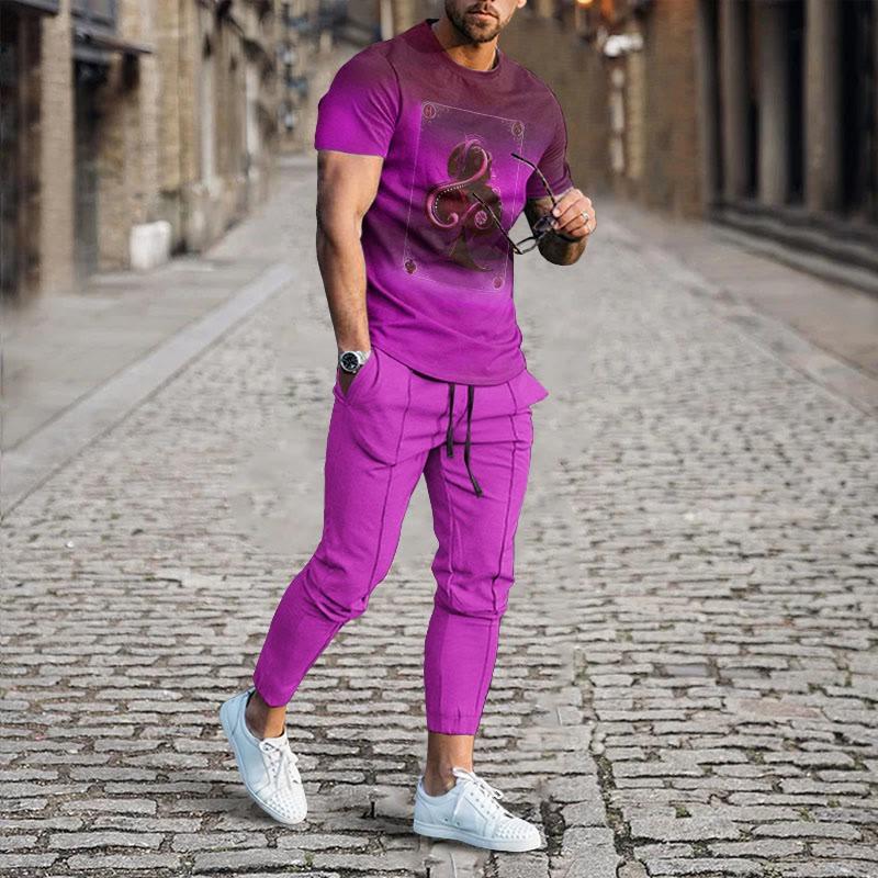 Men's Summer Sets Gradient Colortrend Short Sleeve T Shirt Trousers 2pcs Suits 3d Print Retro Style O Neck Clothing Streetwear