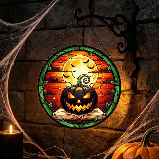 Stained Glass Style Acrylic Suncatchers Halloween Pumpkin Suncatcher, Round Window Hanging Ornament, Mysterious Holiday Theme Wall Displays Full Moon