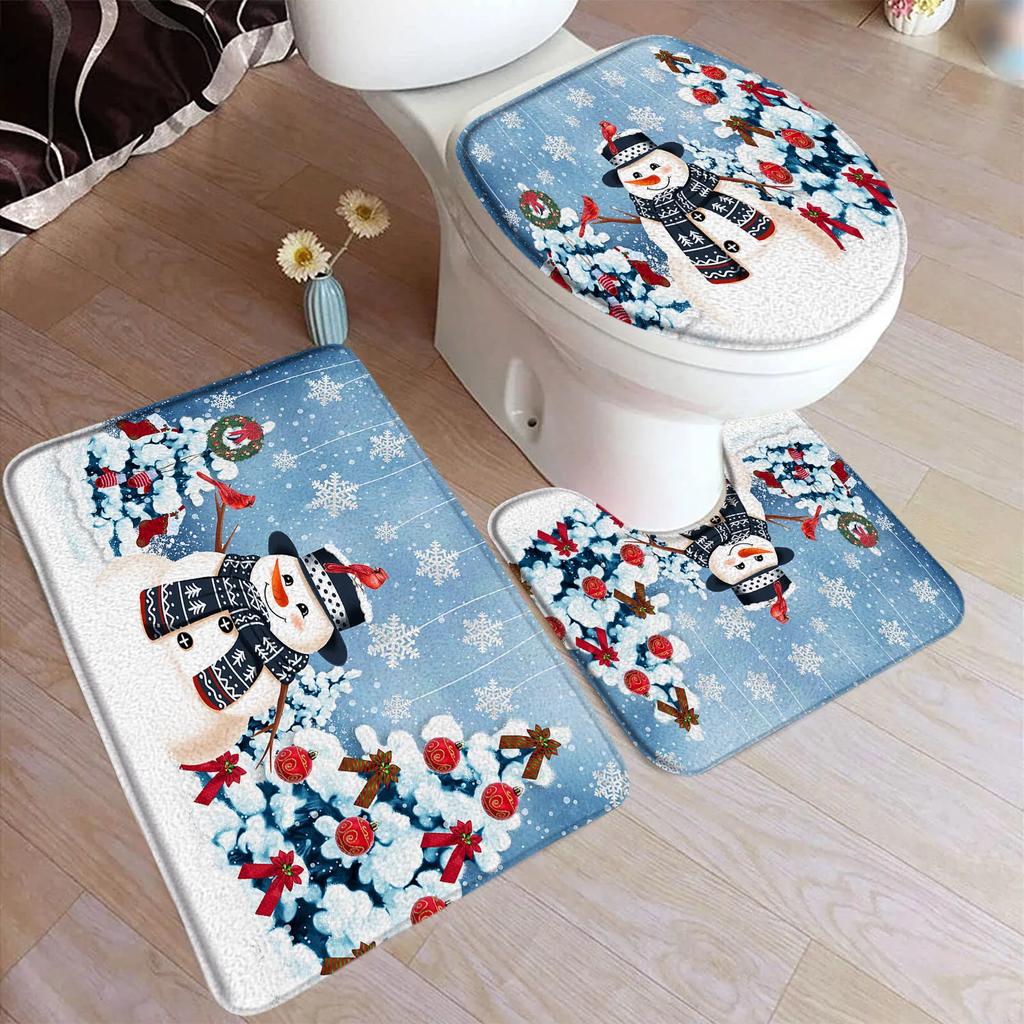 Red Christmas Shower Curtain Set Funny Santa Claus Gift Green Pine Branches Xmas Balls Home Bathroom Decor Bath Mat Toilet Cover