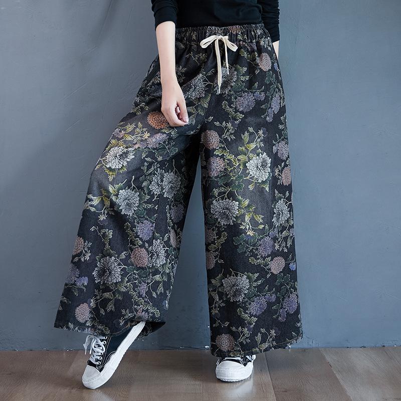 Pantalon-jupe en jean imprimé taille haute rétro à jambes larges