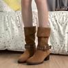 Schafslederversion~ Schmalnischiges Design Gürtelschnalle Retro spitze Zehen dicker Absatz Temperament vielseitig Beine schlank machende Mode-Stiefel