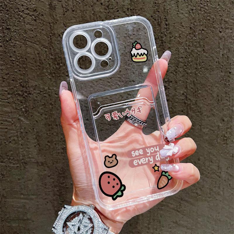 Card Slot Holder Silicone Wallet Pocket Case For Xiaomi Redmi Note 14 13 12 11 10 iPhone 17 16 14 13 Pro Samsung S23 S24 S25 Cover Clear Phone Bumper