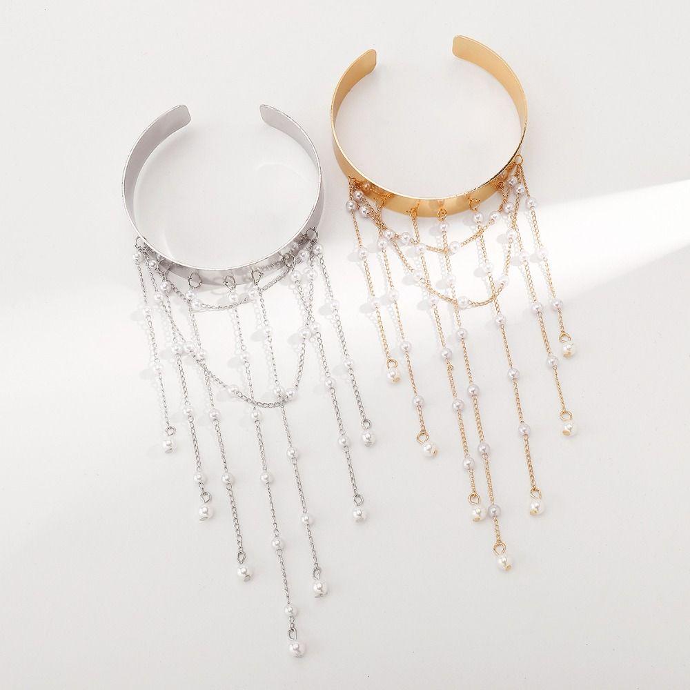 Pearl Upper Arm Bangles Adjustable Open Cuff Bracelet Armlet Armband Tassel Arm Chain  Hand Jewelry