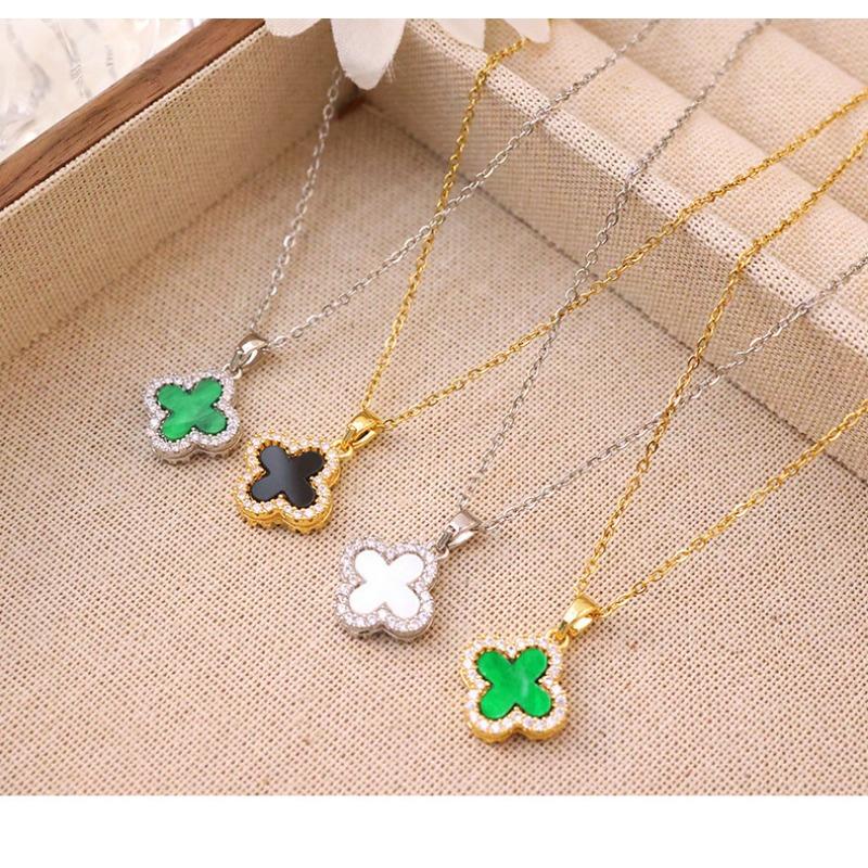 Fashion Commuter Double Sided Four Leaf Clover Zircon Pendant Clavicle Necklace For Women
