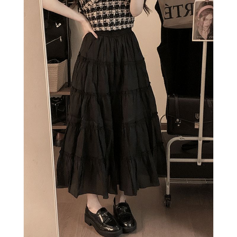 

Spring and Summer New Long Skirt Ruffles Big Hem A- line Skirt High Waist Slim Looking Plus Size Female Layer Cake Dress Black M