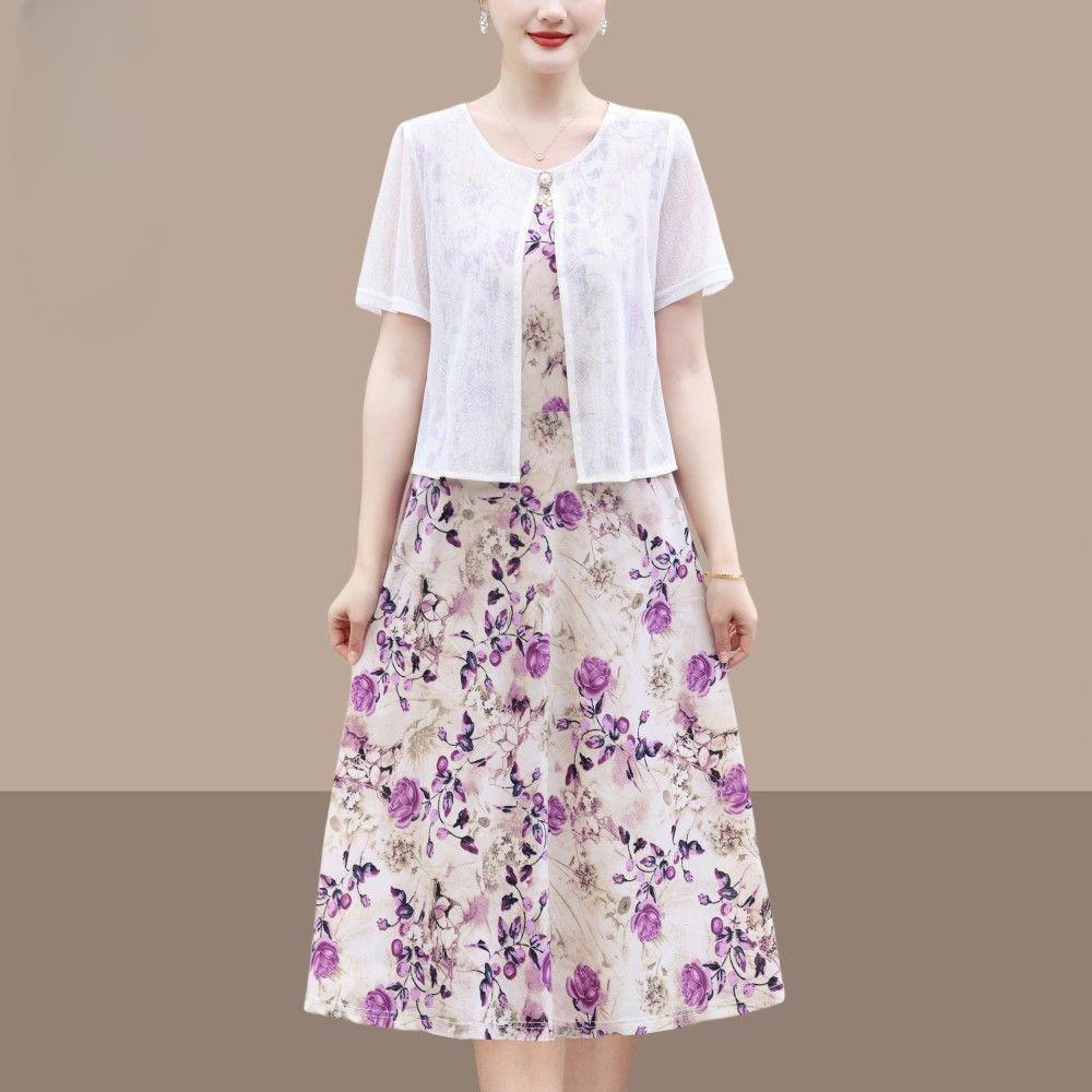 Chic Summer Fake Two Piece Dress for Moms Elegant Slimming and Youthful Mid Age Women Fashion Clothing