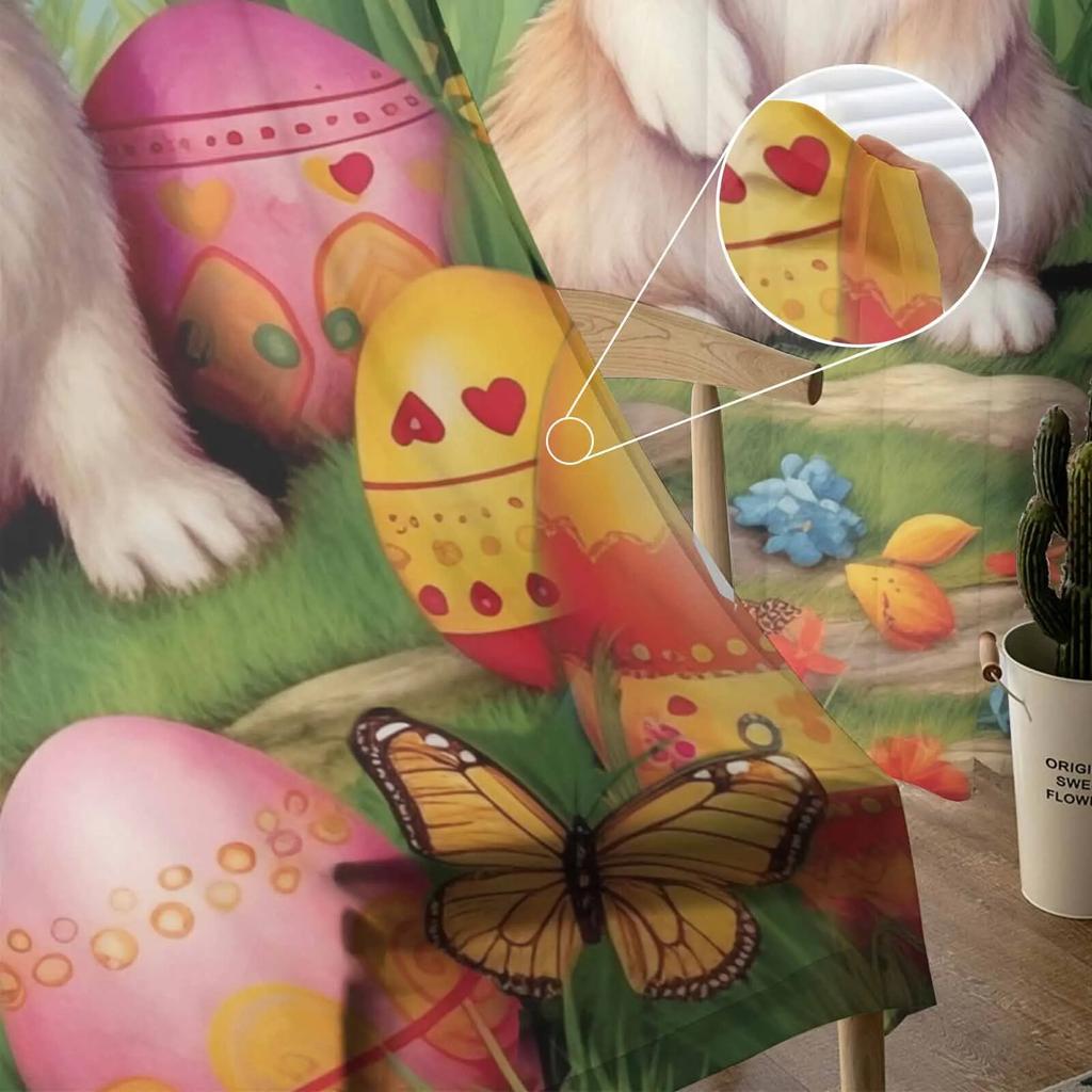 Ostereier-Häschen-Aquarell-Blumen-Tüllvorhänge für Wohnzimmer, durchsichtiger Vorhang für Schlafzimmer, Küche, Jalousien, Voile-Vorhänge