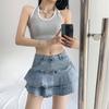American Denim Skirt with Women's Inner Lining Design, High Waisted and Slim A-line Ruffle Edge Wrap Buttocks Skirt, Summer Bottoms