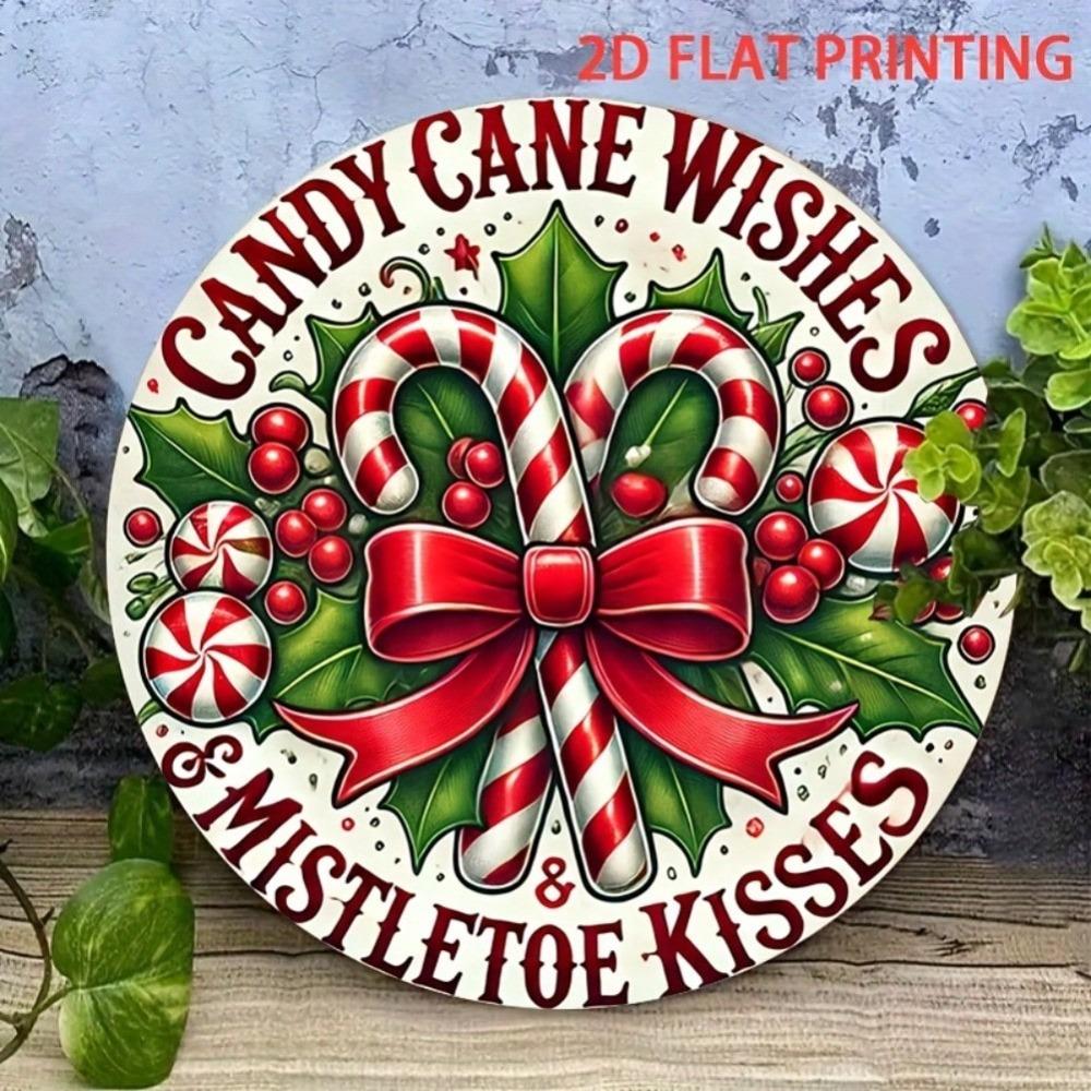 Vintage Rustic Metal Wall Decor Round Sign Holiday Home Decor Candy Cane Wishes Iron Art