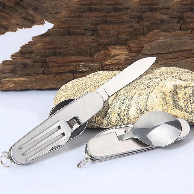 Camping Tableware Set Stainless Steel Folding Fork Spoon Knife Bottle Opener Removable Tableware Travel Kitchen User Portable