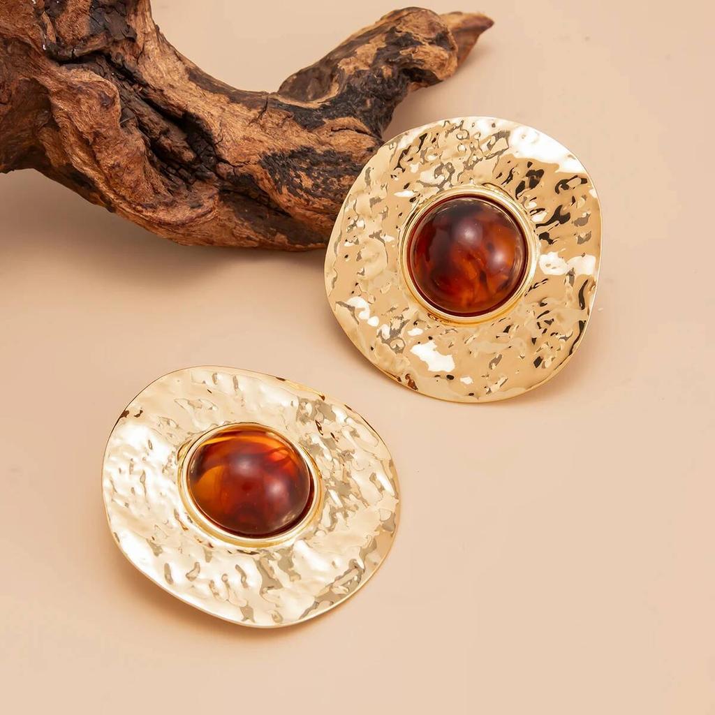Salircon Classic Elegant Inlaid Brown Resin Earrings Women Vintage Geometric Round Earring Daily Wear Accessories Jewelry Gift