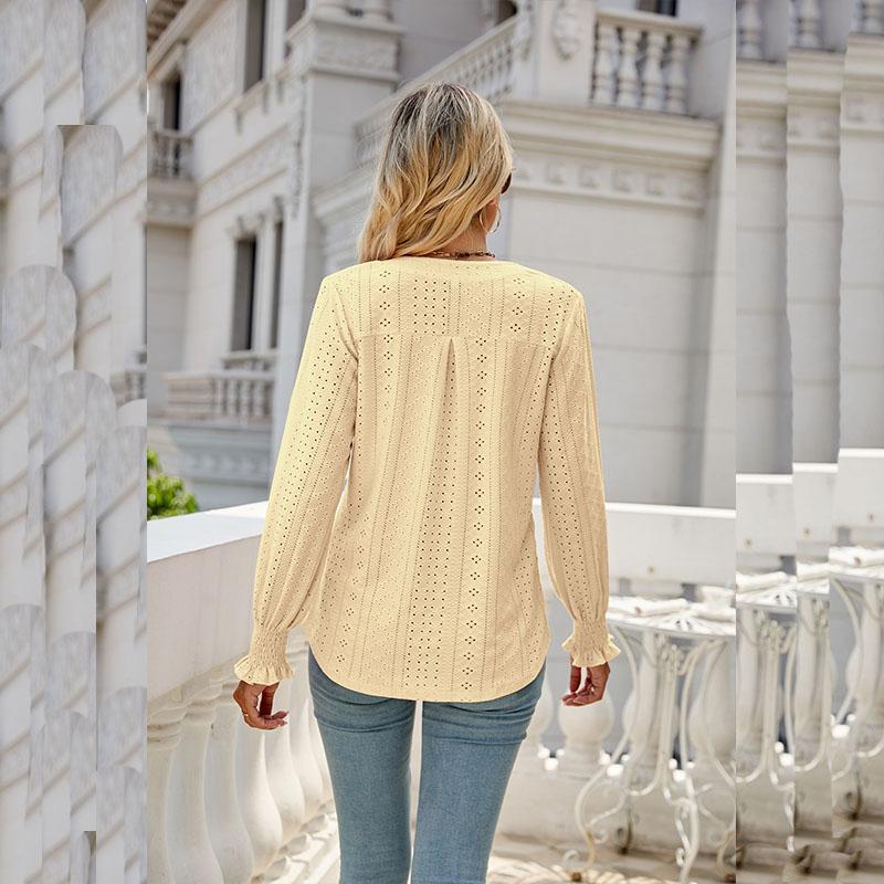 Zomer Dames Tops Lange Mouw Effen Kleur Uitgesneden Geplooide Lotusblad Mouw Blouse V-hals Los T-shirt Top