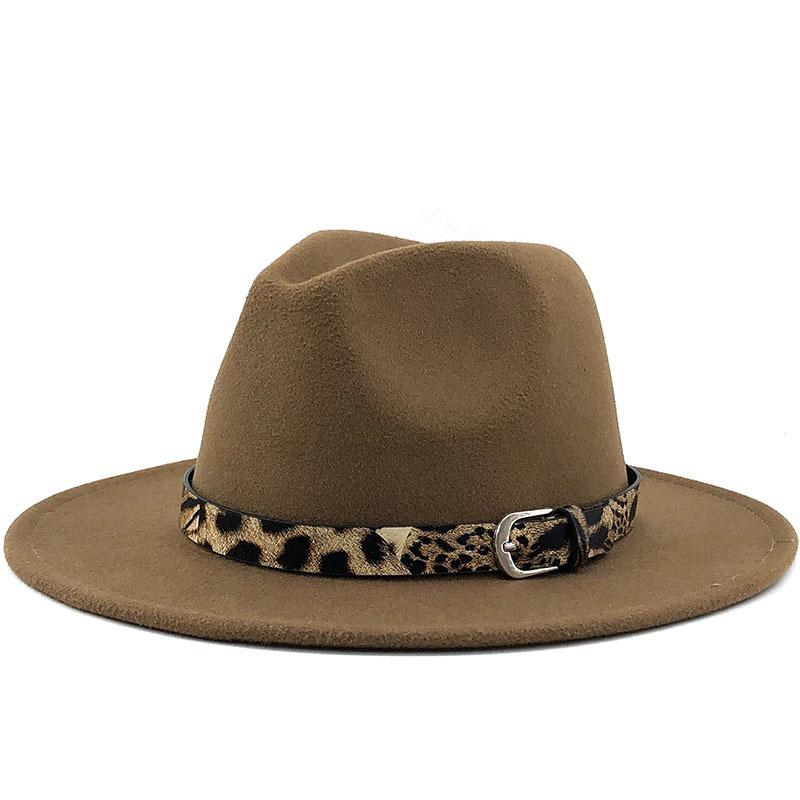 Fashion leopard print belt woolen top hat ladies jazz hat autumn and winter versatile felt hat flat edge top hat church hat